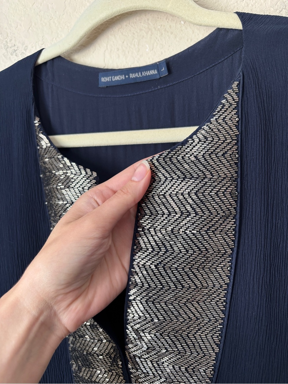 Rohit Gandhi + Rahul Khanna Crinkle Silk Beaded Placket Midi Formal Dress - Picture 11 of 14